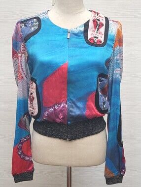 Custo Barcelona Vintage Silk Patchwork Bomber Jacket Y2K Graphic Sz 36 Fits S